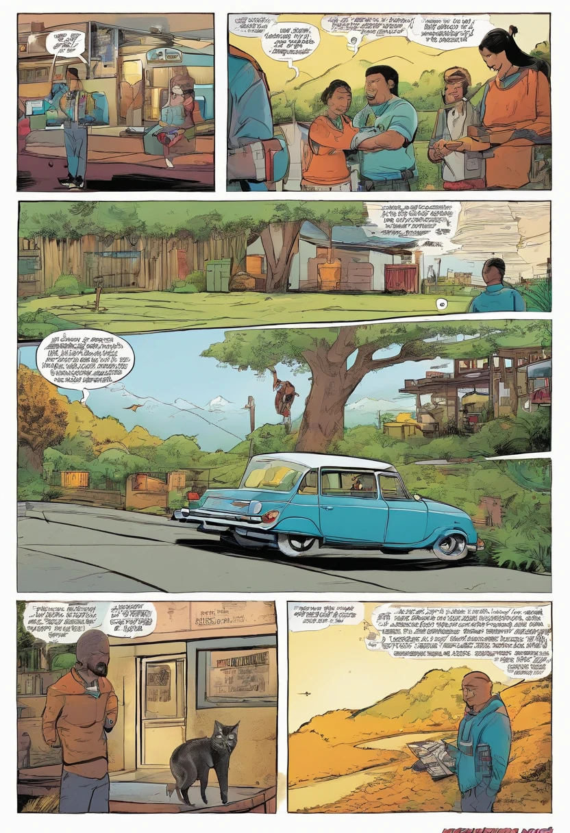 Quadrinhos americanos, The comic is presented in several irregular panels with colors. The short-haired American cat struggles as it runs away from home and then reunites with its owner. The style is exaggerated and detailed