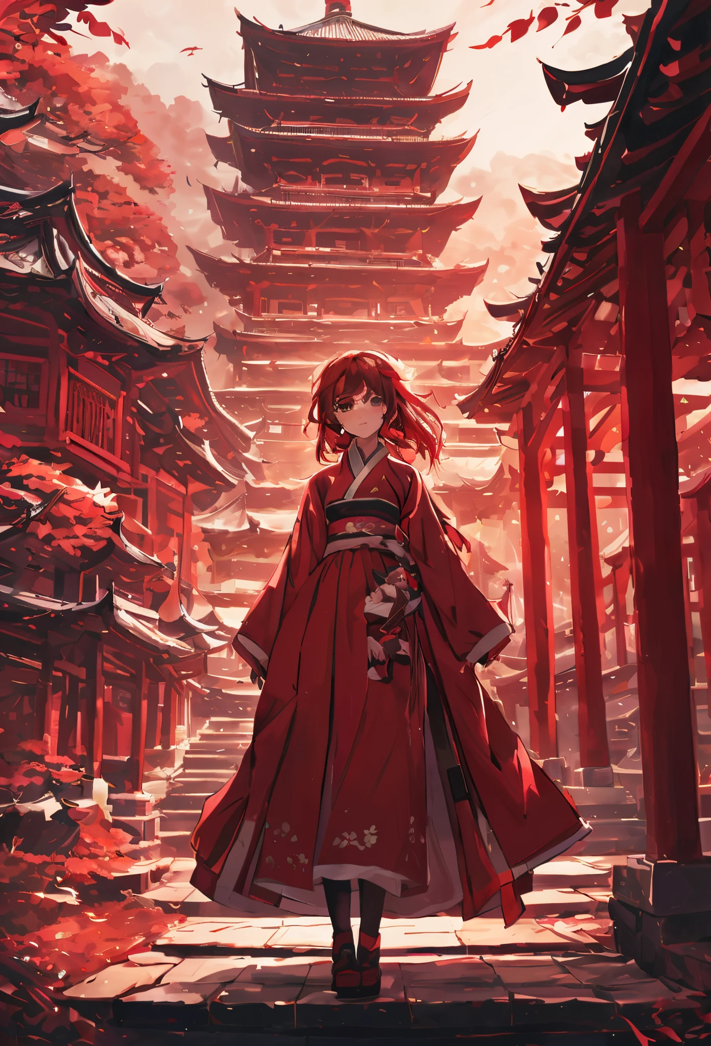 anime girl in red coat standing in front of a pagoda, an anime drawing by Yang J, pixiv contest winner, fantasy art, palace , a girl in hanfu, anime style 4 k, anime art wallpaper 4k, anime art wallpaper 4 k, anime art wallpaper 8 k, atey ghailan 8 k, artgerm and atey ghailan