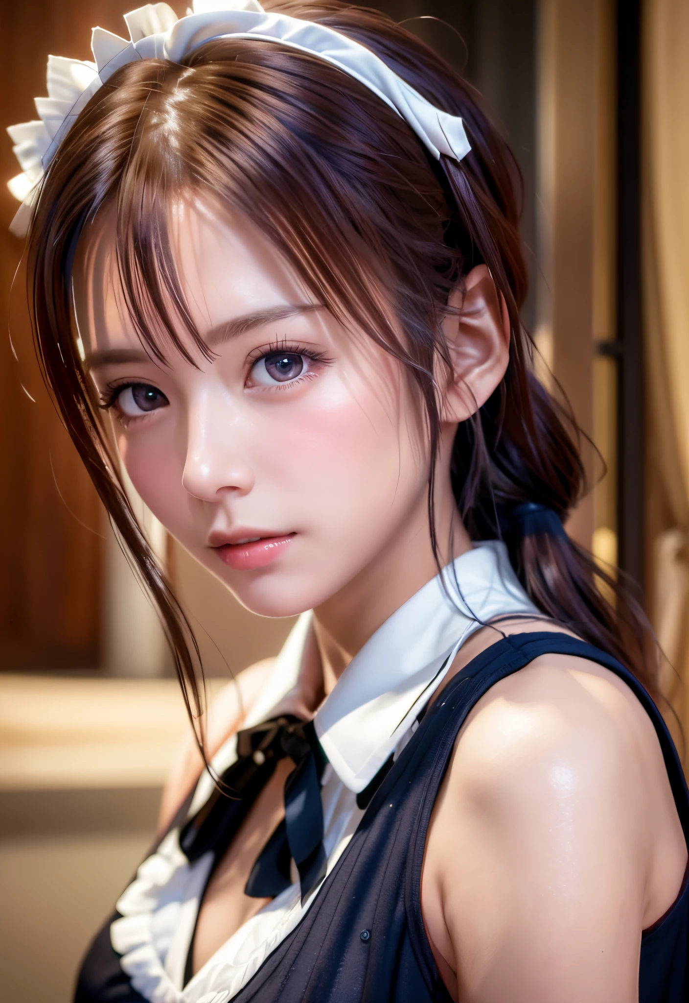 8K, of the highest quality, masutepiece:1.2), (Realistic, Photorealsitic:1.37), of the highest quality, masutepiece, Beautiful young woman, Pensive expression,、A charming、and an inviting look, Cute Maid Clothes, Hair tied back, Cinematic background, Light skin tone