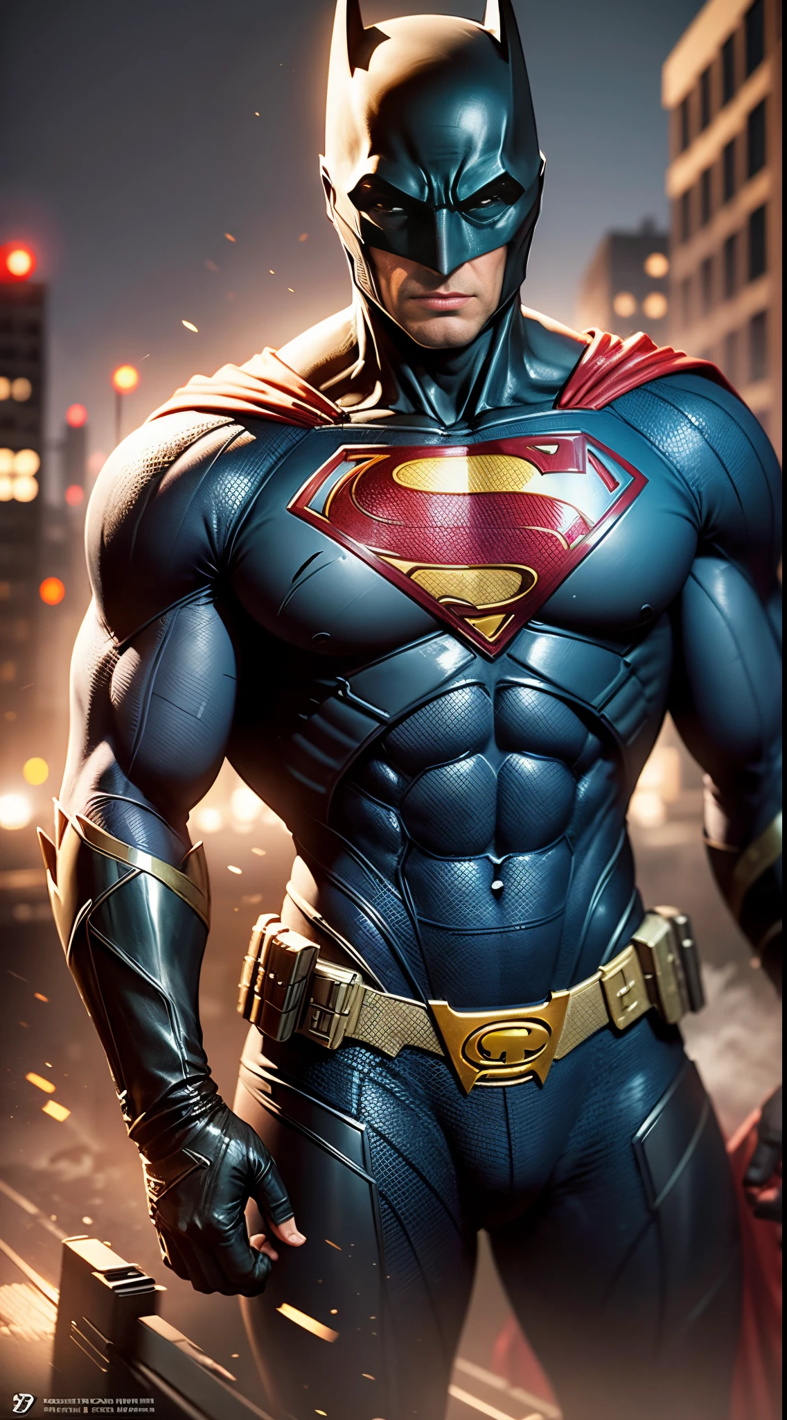 batman in a superman suit colors, realistic, cinematic, photorealistic, 12K, lights, shadows, derailed, 2:3 --auto --s2