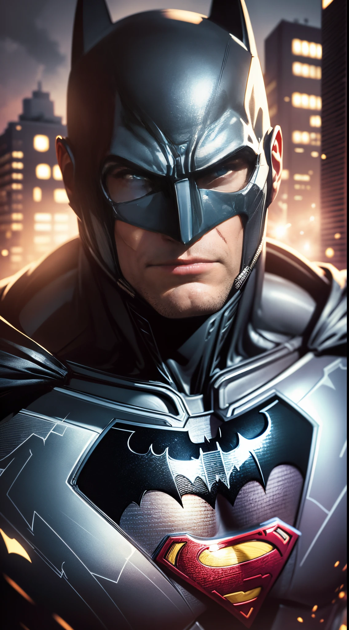 batman in a superman suit colors, realistic, cinematic, photorealistic, 12K, lights, shadows, derailed, 2:3 --auto --s2