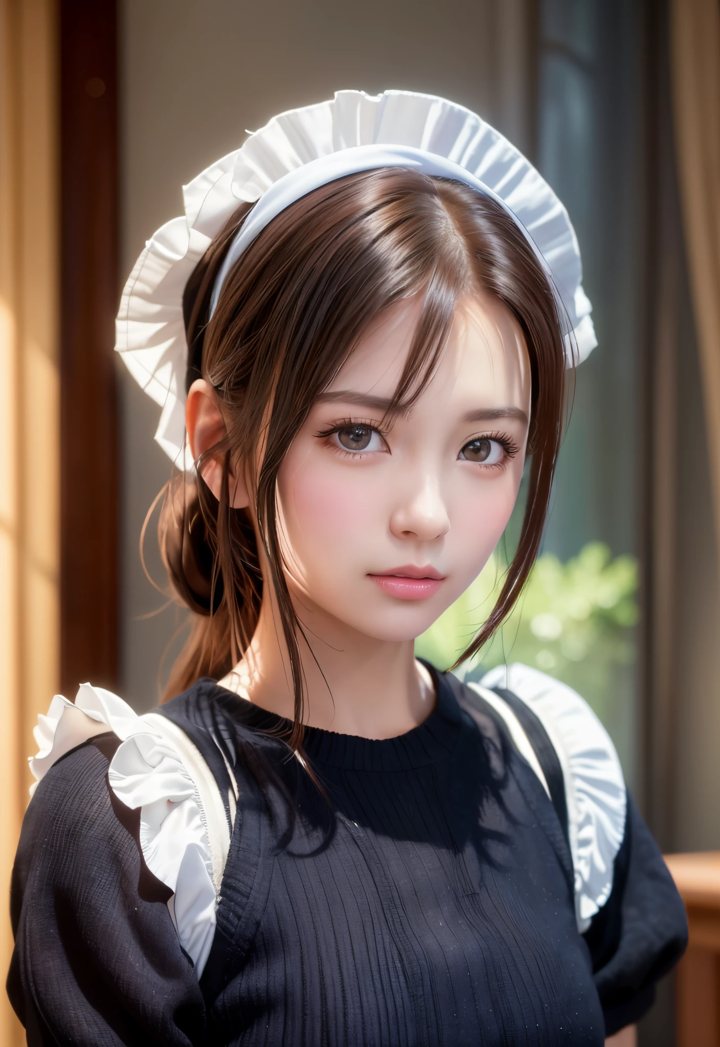 8K, of the highest quality, masutepiece:1.2), (Realistic, Photorealsitic:1.37), of the highest quality, masutepiece, Beautiful young woman, Pensive expression,、A charming、and an inviting look, Cute Maid Clothes, Hair tied back, Cinematic background, Light skin tone