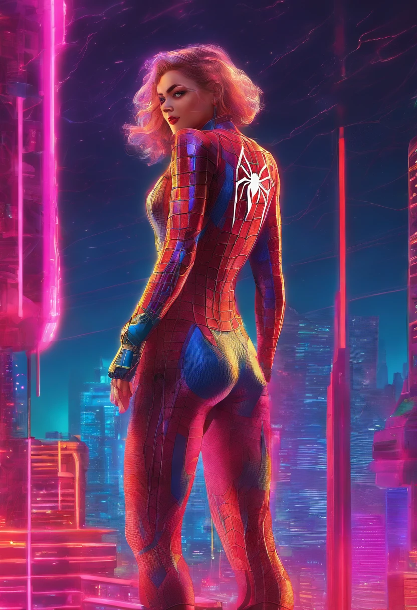 Full body photo of female Spiderman, atmospheric scene, (1girl, detailed beautiful face, big, breasts, big butt, detail skin texture, ultra-detailed body:1.1), rear view, masterpiece, best quality, UHD, masterpiece, super detail, high details, high quality, award winning, best quality, highres, 16k