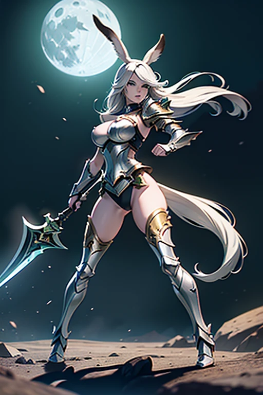 Female Viera Final Fantasy 14 in a fight, Warrior Class, Knight Armor, Great Axe, ,Silver Hair, Green eyes, Long Hair, Curved Hair, Pale skin tone , No Ears; Dynamic pose, Full body view, on the moon