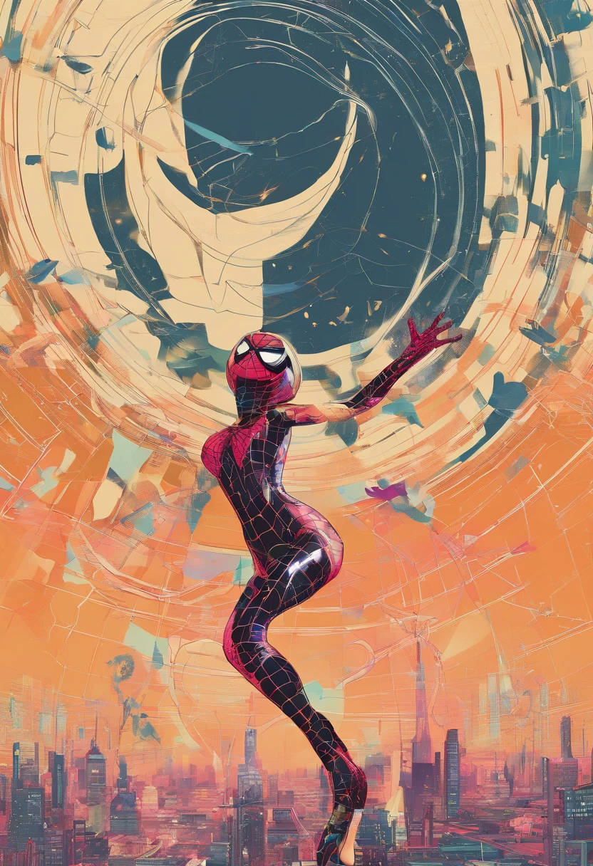 Full body photo of female Spiderman, atmospheric scene, (1girl, detailed beautiful face, big, breasts, big butt, detail skin texture, ultra-detailed body:1.1), rear view, masterpiece, best quality, UHD, masterpiece, super detail, high details, high quality, award winning, best quality, highres, 16k
