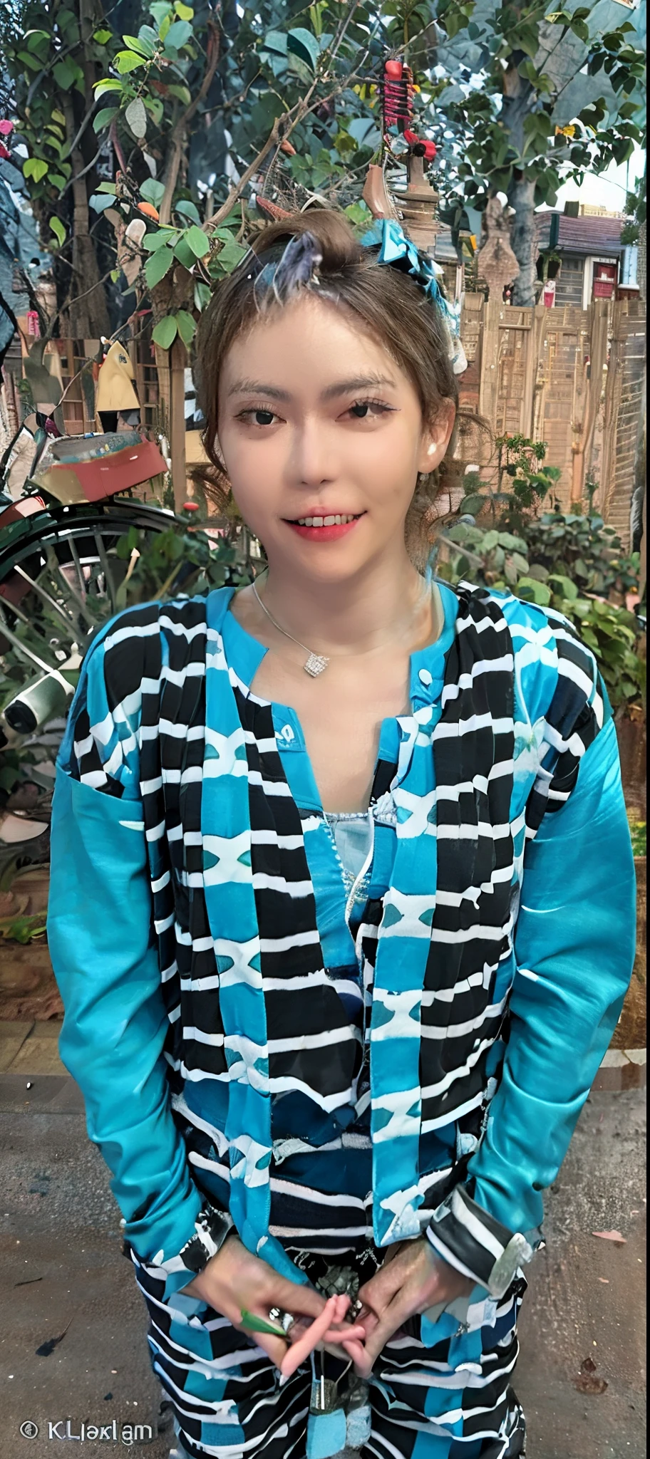 smiling woman in a blue and black shirt standing in front of a tree, photo taken in 2 0 2 0, 30 years old woman, 3 0 years old woman, taken in the early 2020s, magali, pilar, portait image, 30-year-old woman from cuba, 2 7 years old, 2 3 years old