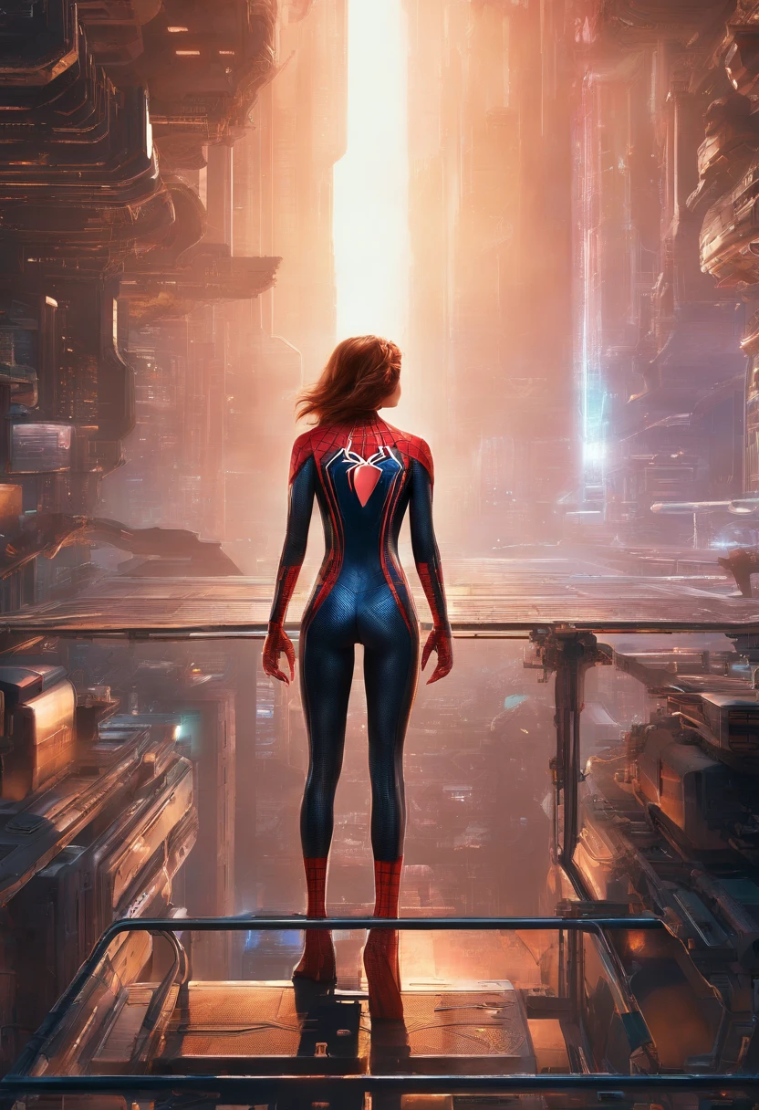 Full body photo of female Spiderman, atmospheric scene, (1girl, detailed beautiful face, big, breasts, big butt, detail skin texture, ultra-detailed body:1.1), rear view, masterpiece, best quality, UHD, masterpiece, super detail, high details, high quality, award winning, best quality, highres, 16k