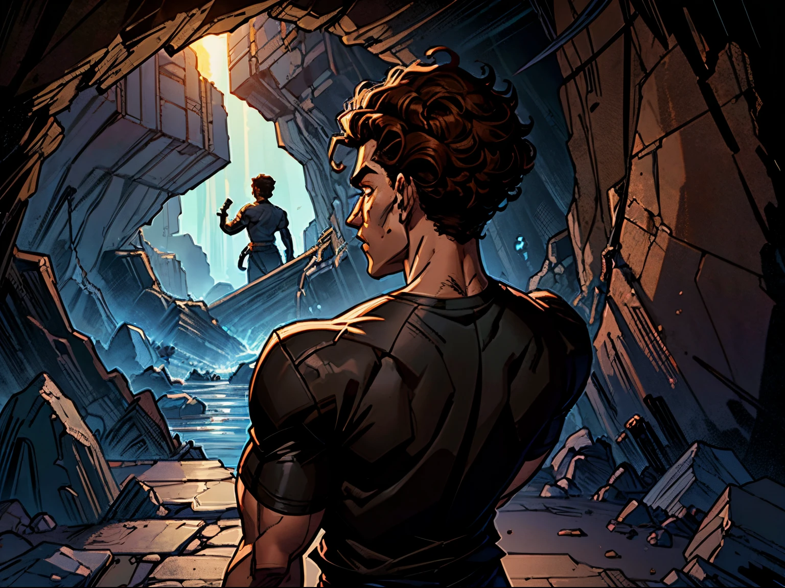 best quality, masterpiece, highres, 1boy, solo, back view, young muscular man in a black shirt, curls on top of his head, short hair on top of his head, around 18 years old, brown hair, curly middle part haircut, looking behind, inside a cave, campfire light, scared face, dragon shadow on wall