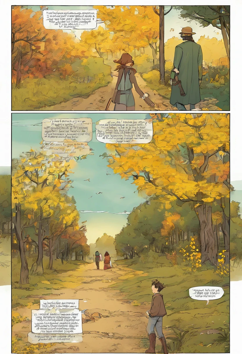 American comics, the comic story is presented in multiple irregular panels with color. Darren's eyes stared at a pair of brown loafers while standing on the Doeshan orange-colored clay that he grew up around. He took a deep breath in a sigh taking a familiar path through the woods to reach the Grenier residence. His youth made him nervous about the fact that he might witness Mina again. Darren had to collect himself. He was on his way to meet up with Dr. Felix Grenier. This is strictly a professional affair. He wondered who he was kidding. Darren wanted to see Mina, even if he was too afraid to open up to her. Her brown eyes shared the possibility that she was interested in him. Be careful on your leap off cliffs. Darren strolled in a way to procrastinate his timing. He found some Black-eyed Susans growing along the path cutting through a grassy field. He picked them for her knowing that traditionally, yellow flowers represented friendship in Doeshia rather than love. Darren would be giving her mixed messages and possibly avoiding the scrutiny of her father whom he looked up to.
The path to the Grenier’s seemed quicker than normal. He knew that the walk from his farm took thirty minutes on average. Now, he was nearly there at the time of ten. Darren couldn’t recall seeing the Hannaford Farm on the hike. Something felt off, but his mind failed to process it. His heart fluttered with the emotions of love as his held the Black-eyed Susans in his hand. He made his way to Andel Lane. Or was it, Asmel Lane? Darren questioned his way as he saw her house. “Their house.” he spoke softly to himself in correction.