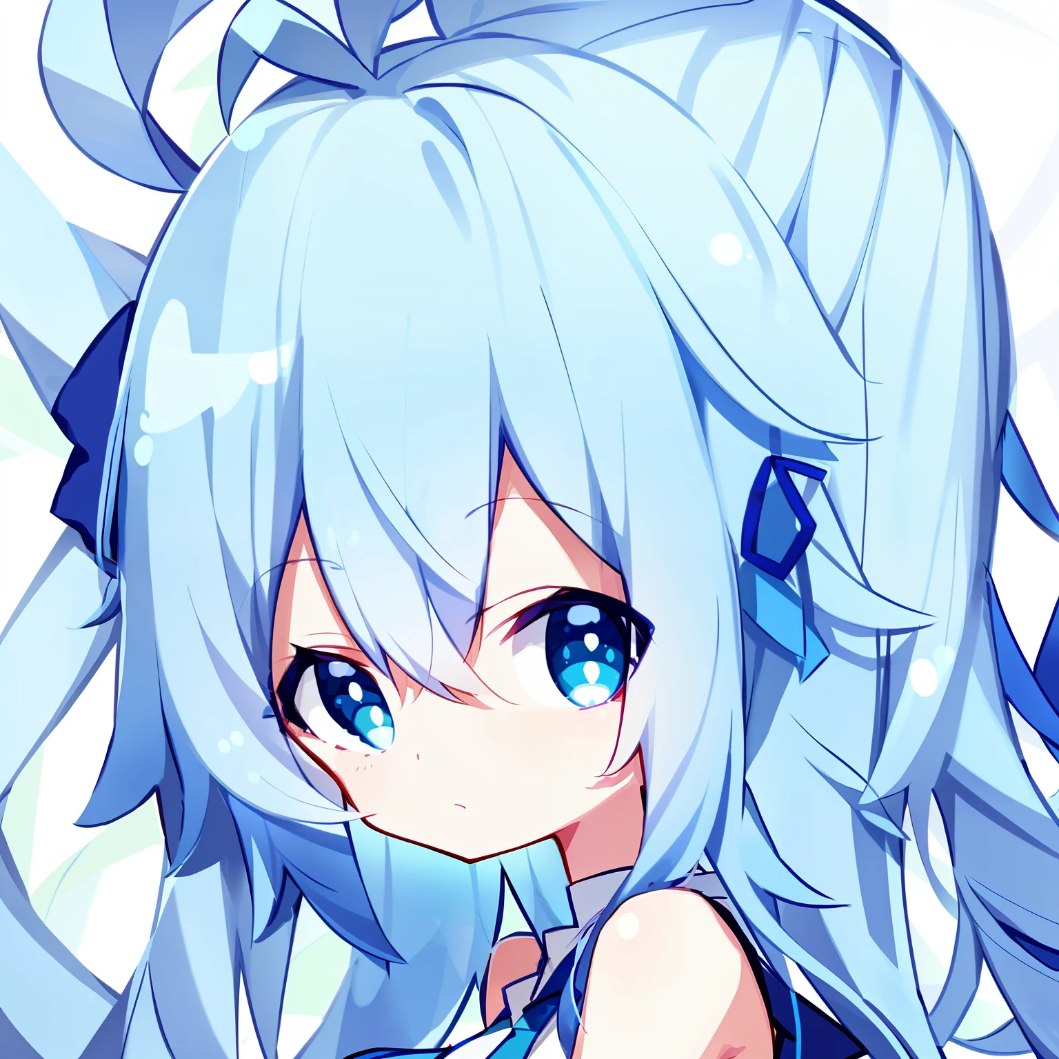 Blue hair bow cartoon character close up,Slim Image,Azure Eyes,loli colors,friendship,Miku style,2 d anime style,White and blue tones,Hairstyle with two ponytails,Q version symbols