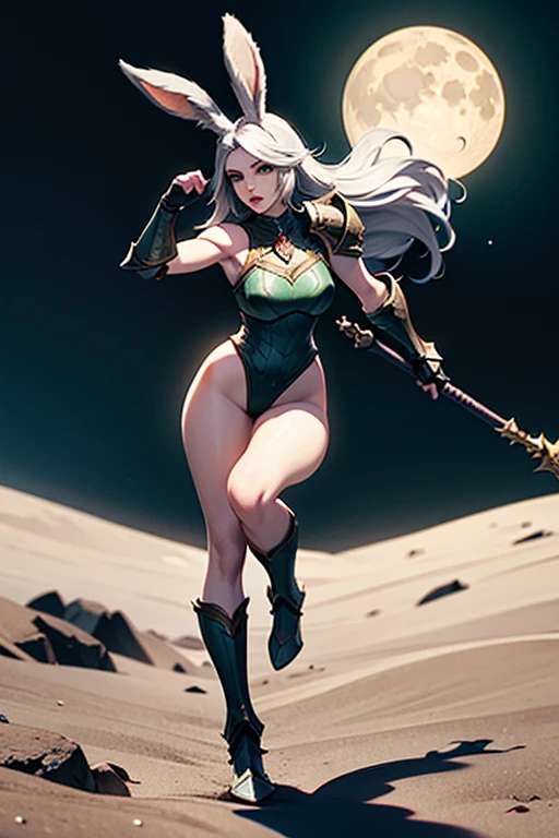 Female Viera Final Fantasy 14 in a fight, Full Body Knight Armor, Great Axe, ,Silver Hair, Green eyes, Long Hair, Curved Hair, Pale skin tone , No Ears; Dynamic pose, Full body view, on the moon