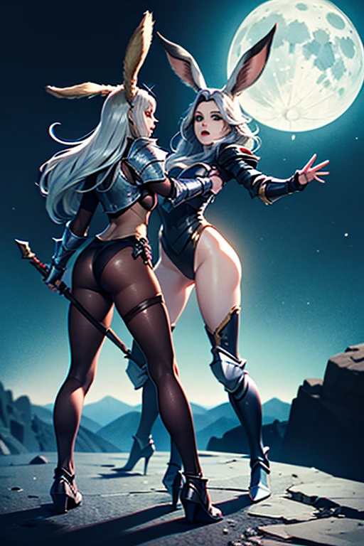 Female Viera Final Fantasy 14 in a fight, Full Body Knight Armor, Great Axe, ,Silver Hair, Green eyes, Long Hair, Curved Hair, Pale skin tone , No Ears; Dynamic pose, Full body view, on the moon