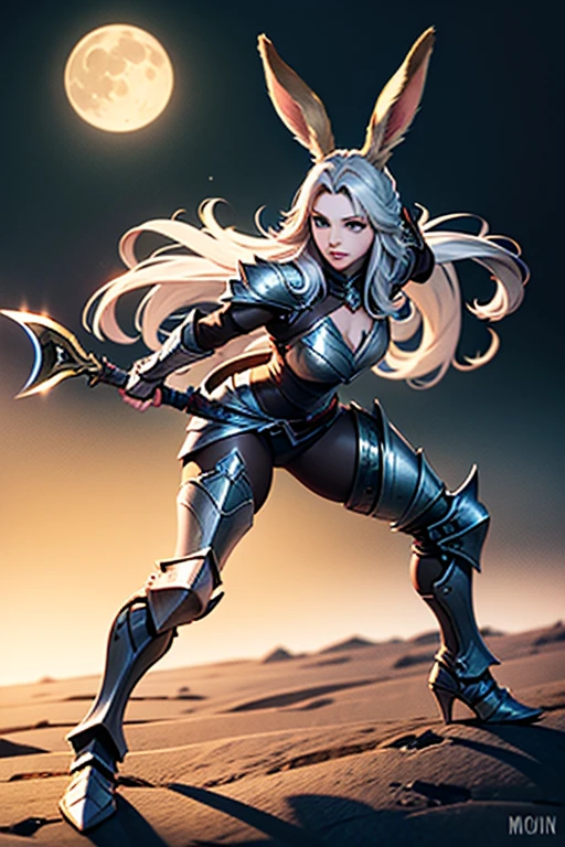 Female Viera Final Fantasy 14 in a fight, Warrior Class, Heavy Armor, Great Axe, ,Silver Hair, Green eyes, Long Hair, Curved Hair, Pale skin tone , No Ears; Dynamic pose, Full body view, on the moon