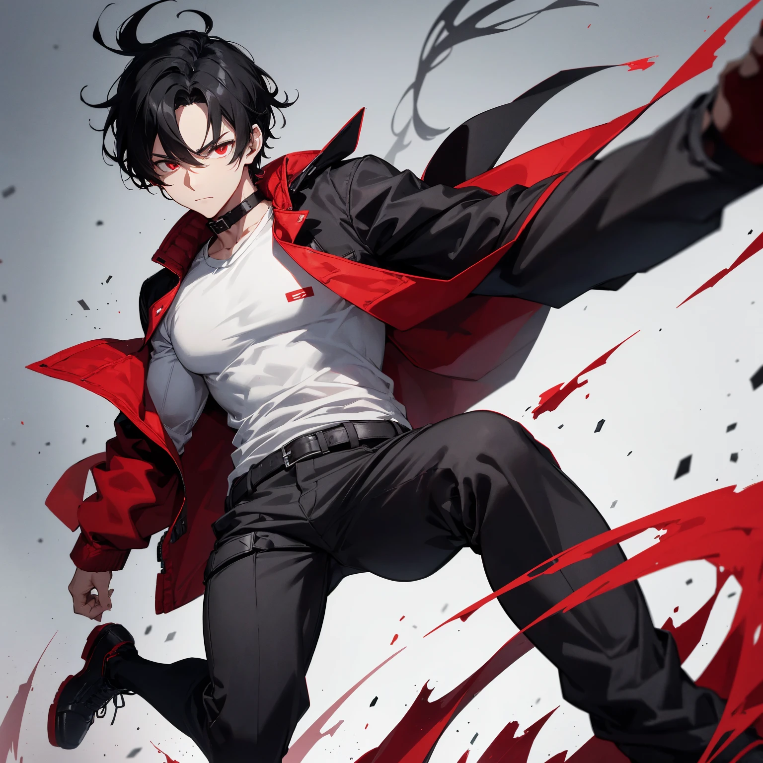 Man with black hair, red eyes, white shirt with red jacket up to the shoulders, gray and black jacket tied at the waist, gray pants, black boots with white soles, black wristbands