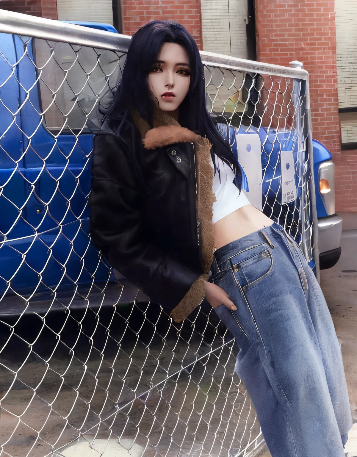 arafa woman leaning against a fence with a blue van behind her, Lulu Chen, Jinyoung Canela, Modelo de moda feminina coreana, Krystal, gemma chen, uma jaqueta de aviador e jorts, Gongbi, ventilador Bingbing, Heonhwa Choe, she is wearing streetwear, Janice cantou, Bae Suzy, jaqueta de couro e jeans, estilo jackie tsai