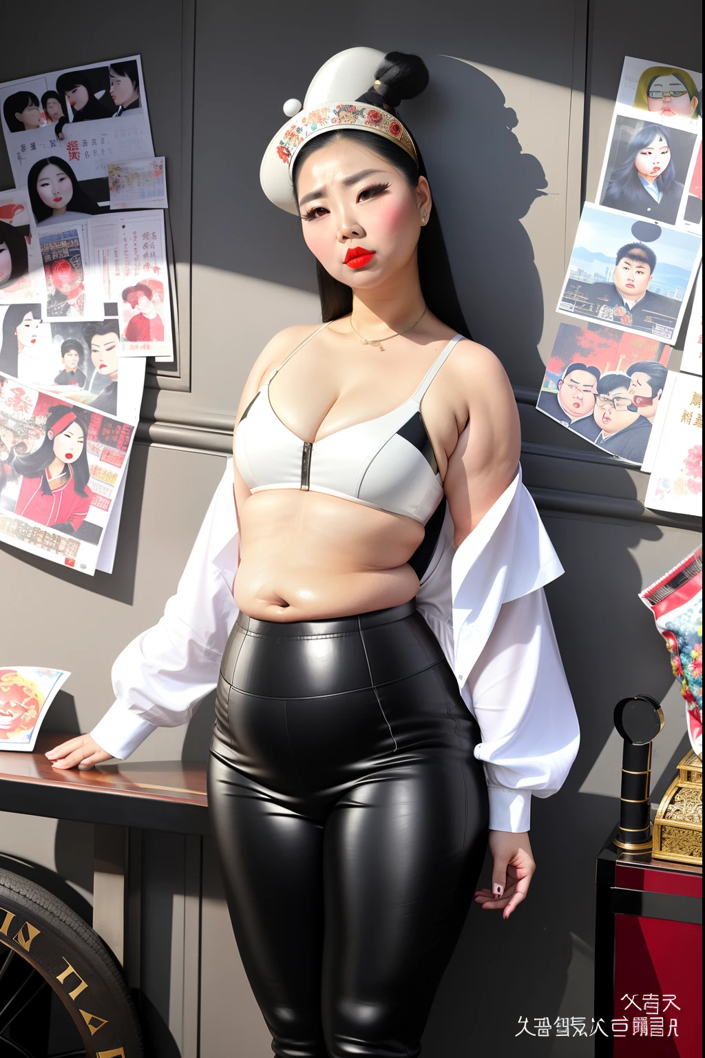 Wear tight leather pants,Asia face,Fair skin,Apply lipstick,arrogant,disgusted expression,Impatient look,a little bit chubby,Muscular,Bigchest,The chest is obvious,Fat on the stomach,with a round face,Fat girl,fatness,Wearing a hairpin on the head
