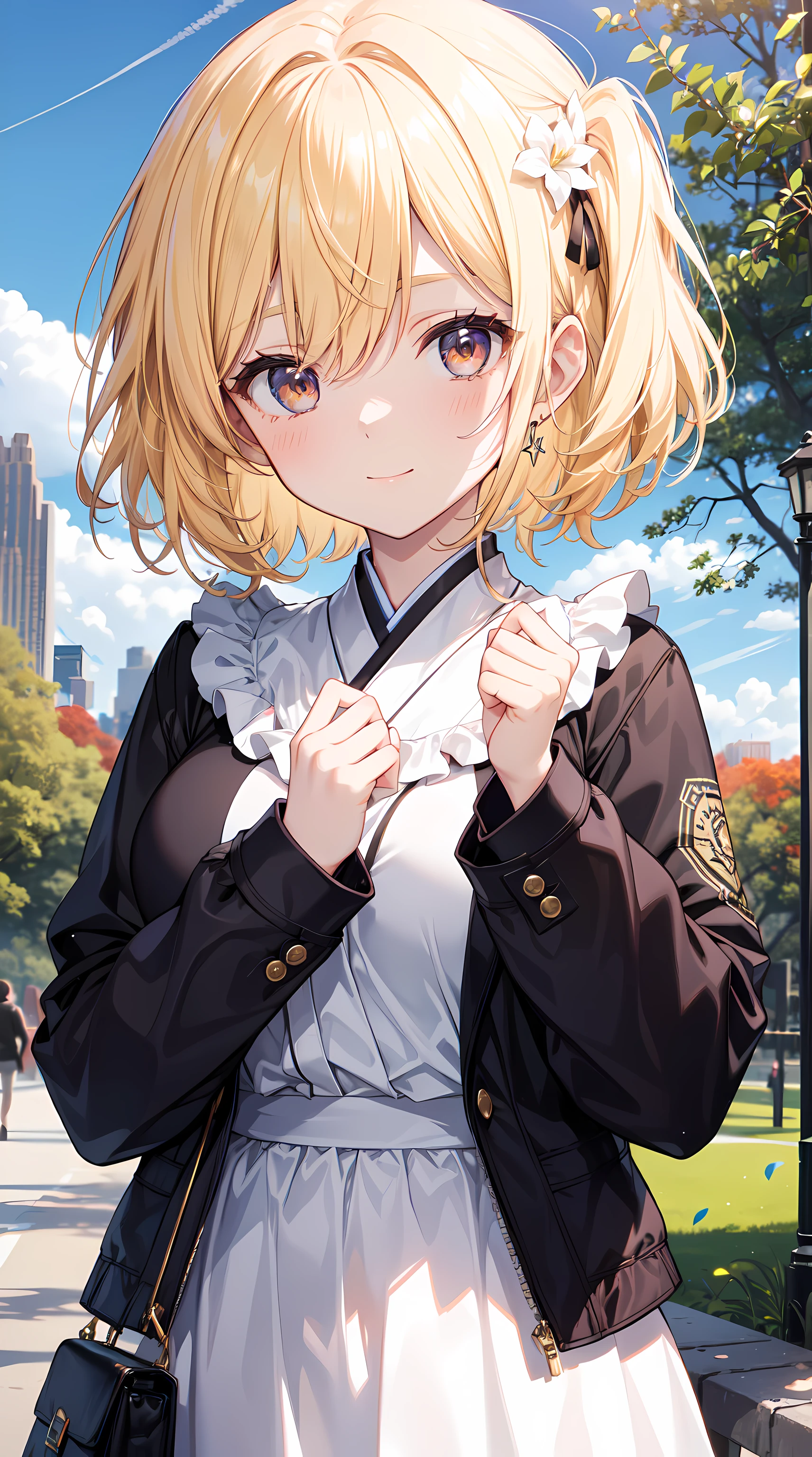 ((tmasterpiece,Best quality at best)),1个Giant Breast Girl,Alone, (((Chisato Nishiki))), short detailed hair, Light yellow hair, Alone, a skirt, detailedeyes, looking at viewert, longer sleeves, Permanent, White dress, mitts,hair adornments, Black jacket, ssmile, Fluttering, holland angle, Keep your mouth shut, Look away, (Central Park),mostly cloudy sky, blue-sky, warm color,