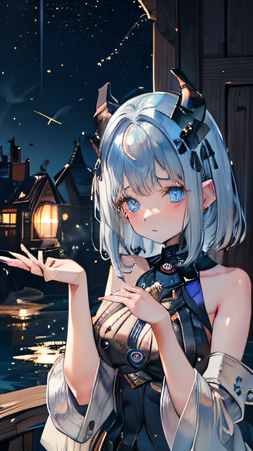 1 young and gorgeous girl, There is a pair of brownish-black horns on the head, light blue hair, light crystal blue eyes,beautiful eyes, holding water magic,fantasy, gothic, cute witch outfit,embarrassed,sblunt bangs,cinematuc lighting,blur night village background,Soft light from fireflies,her holding lantern