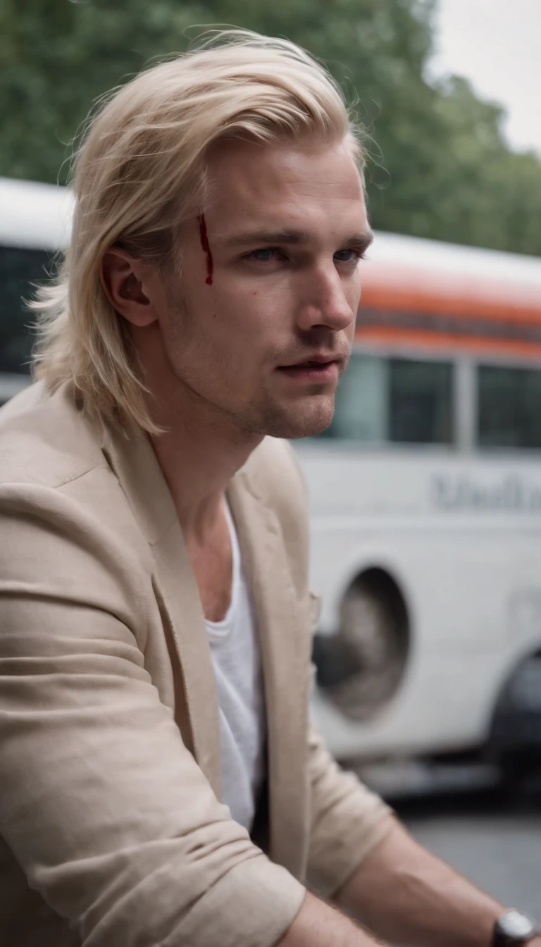 Blonde hair man, hit by new york bus, blood everywhere