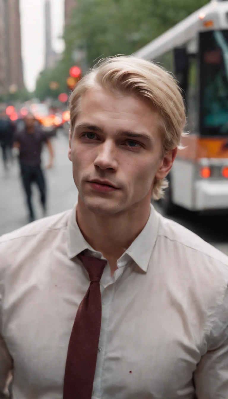 Blonde hair man, hit by new york bus, blood everywhere