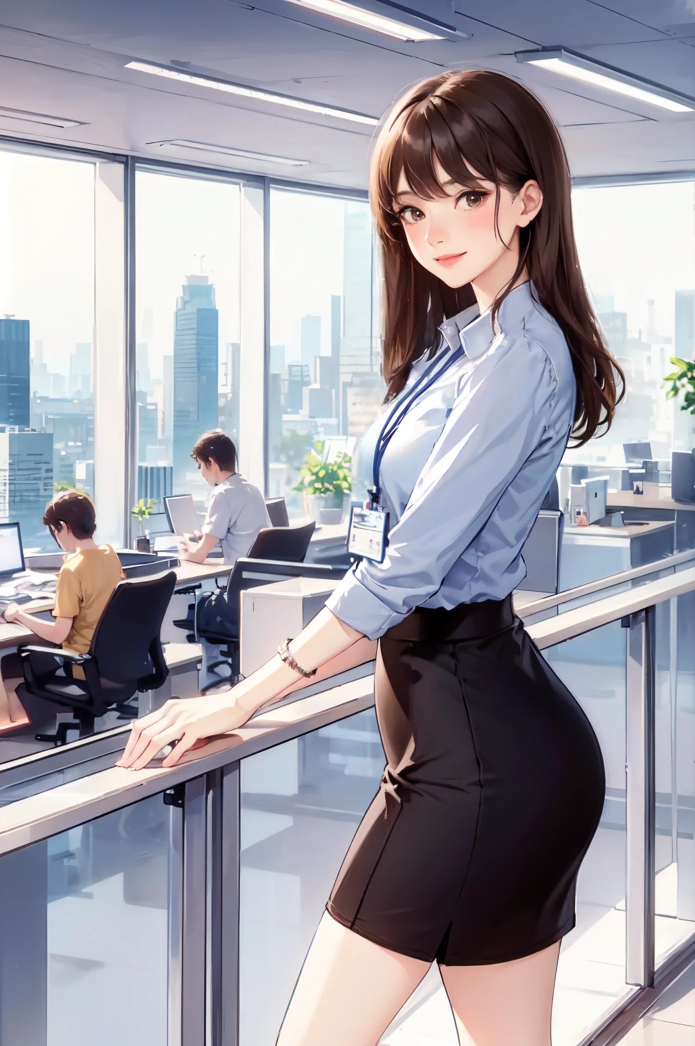1lady standing, /(casual shirt/) (pencil skirt:1.1) /(id card lanyard/), mature female, /(brown hair/) bangs, blush kind smile, (masterpiece best quality:1.2) delicate illustration ultra-detailed, large breast BREAK /(modern office indoors/), window skyscraper