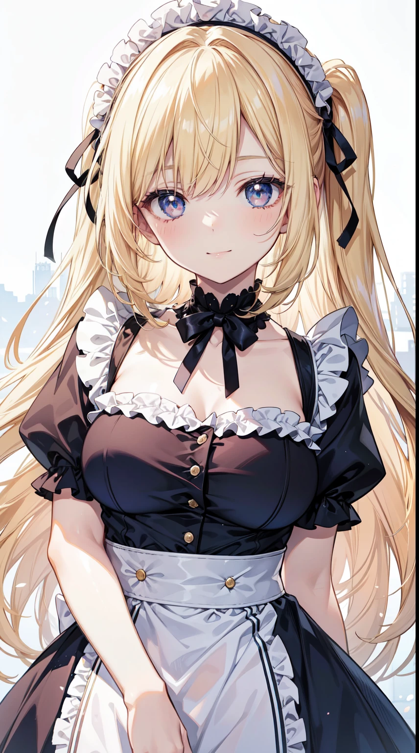 Beautiful girl of 18 years old, largeeyes, Large breasts, Petite and slim, 8K, top-quality, (Very detailed header: 1.0), (Very delicate face: 1.0), (Very delicate hair: 1.0), Maids wear, Very detailed official artwork, Anime cute art style, clean and meticulous anime art, ssmile, coiffed blonde hair, Long smooth hair