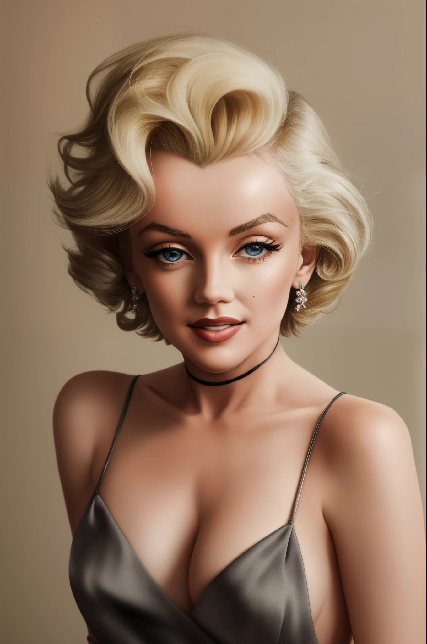 (Marilyn Monroe) medium breasts, tan, dewy skin, sweaty skin, wavy blonde hair,  Masterpiece, Realistic photo, Realism.