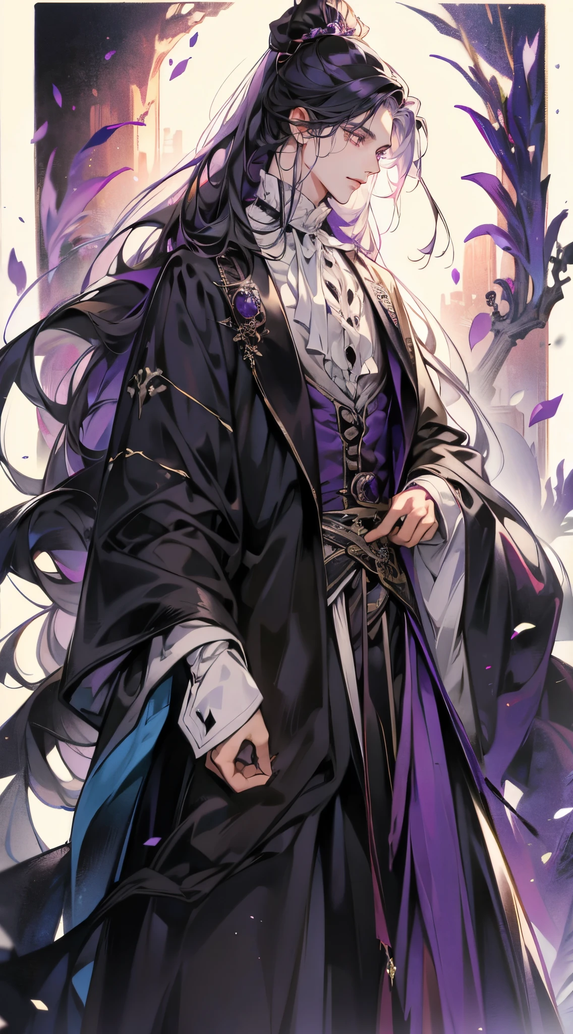 A gothic black man, , , with a dread hair, , , villain, , , black clothes with purple detail, , , the clothes follow a Victorian style.