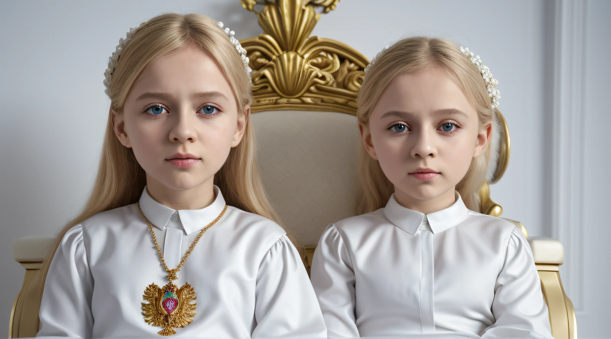 imagem de uma Russian blonde child girl , sentados em um trono, With a cross in his hand, CROSSES IN tHE WALL.