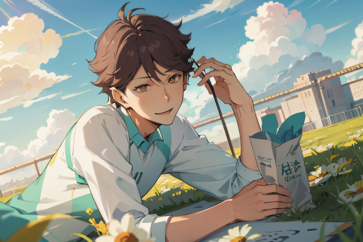 1 man, male focus, solo focus,((male)),oikawa tooru,lying on floor,looking at viewer,grass,sunny day, smiling, blue sky, clouds, flowers,cinematic lighting