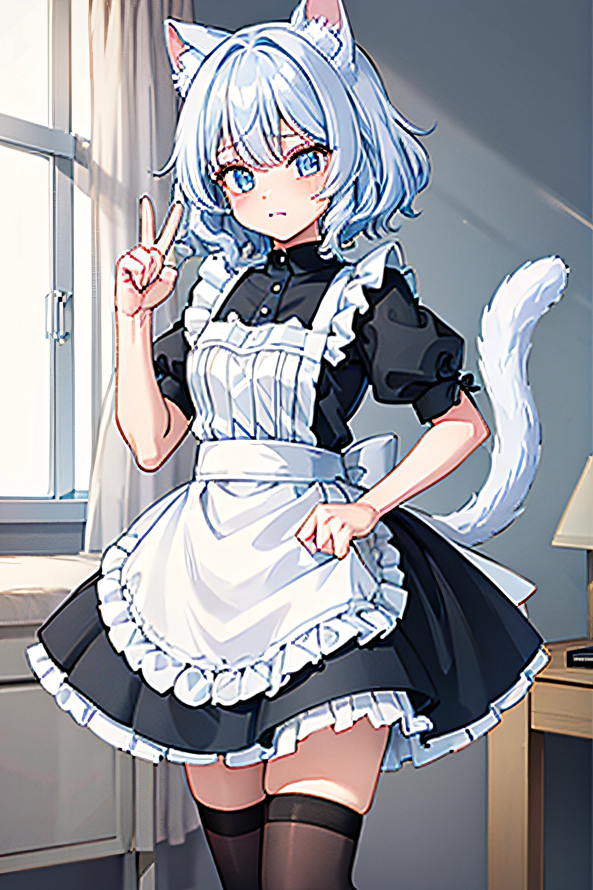 a tomboy catgirl, wearing a cute black and white maid outfit, frill skirt, black high knee socks, goth boots, good hands anatomy, boyish face, make a heart sign using hand while look embarrassed, she avoiding eyes contact while blushing, sharp eye, short white hair, blue eyes, white cat tail with blue mark at her back, light tanned skin, white armless frill cuff, standing at a man bedroom.