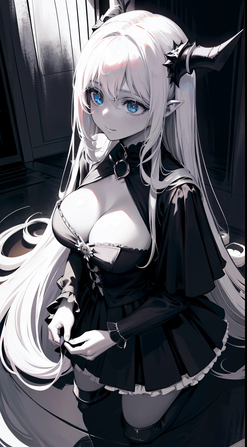 (best quality,4k,8k,highres,masterpiece:1.2),ultra-detailed,(realistic,photorealistic,photo-realistic:1.37),girl with horns,beautiful detailed eyes,beautiful detailed lips,extremely detailed eyes and face,long eyelashes,solo,standing, circular platform, dark room,horns,long hair,white hair,breasts,dark atmosphere, mysterious lighting,strong spotlight,depth of shadows, ethereal glow,gentle and delicate girl,supernatural beauty,feminine charm,contrast between light and dark,sense of mystery and intrigue,soft and flowing hair,circular platform in the center of the room,profound sense of depth,graceful pose,subtle smile,ethereal and mystical ambiance,mystical aura surrounding the girl,subtle highlights and shadows on her face,subtle details in the texture of her horns,sharp focus on the girl,high level of realism,dramatic and atmospheric lighting,subtle hints of color in the otherwise dark room,vivid colors emanating from the circular platform,radiant glow of the girl's white hair,contrast of black and white,contrast between the girl's dark attire and the bright circular platform,haunting and captivating composition,contrast between the girl's delicate features and her powerful presence,striking and visually striking imagery,emphasis on the girl's supernatural and otherworldly appearance,alluring and enigmatic presence of the girl,subtle hints of magic and fantasy in the scene,colorful and vibrant aura surrounding the girl,ethereal and dreamlike atmosphere,atmosphere of enchantment and fascination,hauntingly beautiful scene with a touch of darkness and intrigue