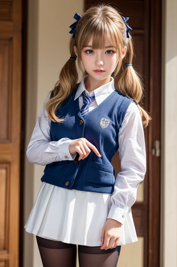 (masterpiece、best quality、extremely detailed 8k、ultra hd、ultra-detailed、highly detailed、highly realistic、photo realistic)、(beautiful realistic face、detailed realistic face)、 1 blonde girl, schoolgirl, long blonde hair, blonde hair with 2 pigtails, red bows in her hair, bangs covering her eyes, bright blue eyes, schoolgirl clothes, white long sleeve shirt with a blue vest. short red skirt, black tights, showing her thighs