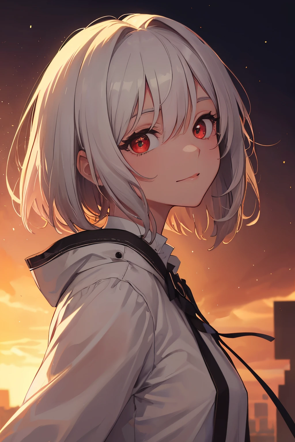 (masutepiece.top-quality).(Dynamic Angle). (Very spectacular detail CG painting),(image perfect)、comic strip.Illustration.1 girl in.Detailed face、face perfect.delicated face、girl in delicate clothes、Textured skin、White hair.short-hair、((Beautiful red eyes)).Delicate and beautiful eyes、Eyes written in detail、Reflected eyes、Watery eyes、smil.(gazing at viewer:1.3).(The face is a little red:0.8)、8k wallpaper、cowboy shot、Reflected Light、highestdetailed、Convoluted、Delicate background、Textured skin、Detailed skin、(ultra res)、Solo Girl