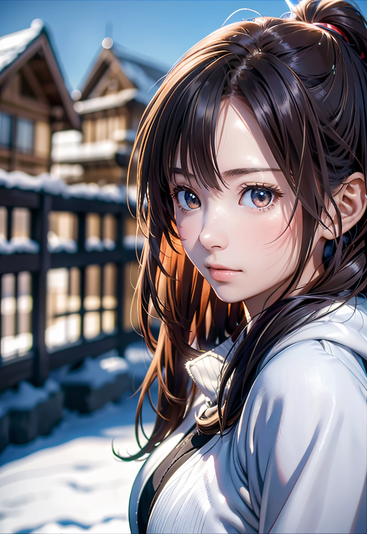 8K, of the highest quality, masutepiece:1.2), (Realistic, Photorealsitic:1.37), of the highest quality, masutepiece, Beautiful young woman, Pensive expression,、A charming、and an inviting look, skiing、snowboarder、Ski Wear, Hair tied back, Cinematic background, Light skin tone、Ski Resort Background