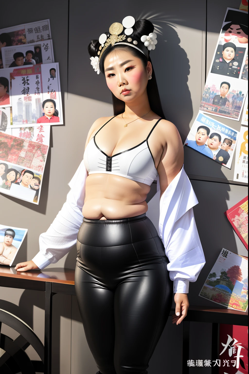 Wear tight leather pants,Asia face,White skin of the,arrogant,disgusted expression,Impatient look,a little bit chubby,musculous,Bigchest,The chest is obvious,Fat on the stomach,with a round face,Fat girl,fatness,A hair card is worn on his head