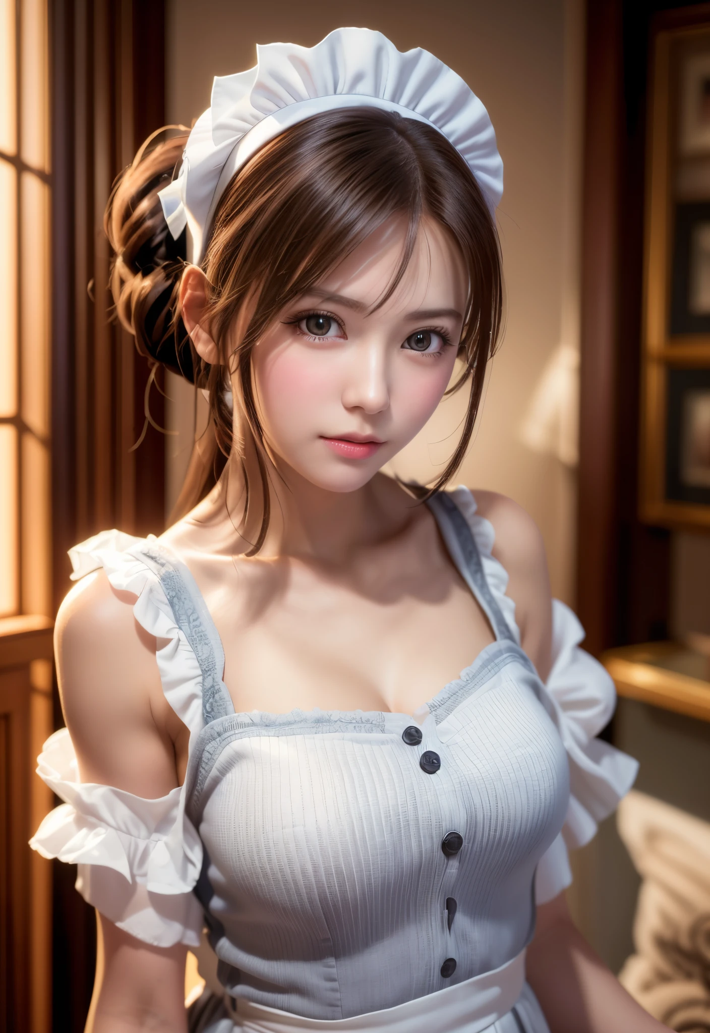 8K, of the highest quality, masutepiece:1.2), (Realistic, Photorealsitic:1.37), of the highest quality, masutepiece, Beautiful young woman, Pensive expression,、A charming、and an inviting look, Cute Maid Clothes, Hair tied back, Cinematic background, Light skin tone