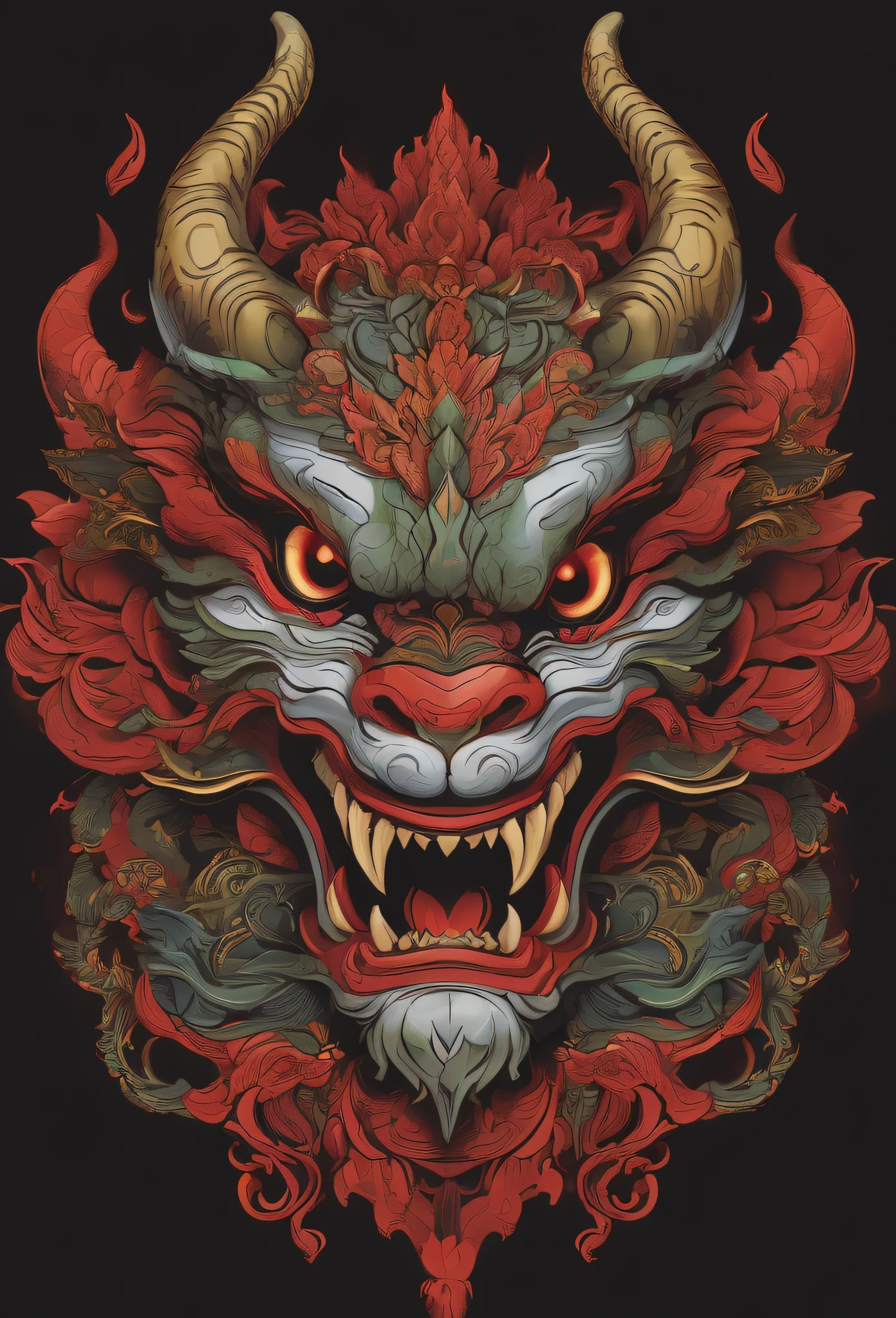 a close-up of a dragon head with a red and green design, arte detalhada assustadora em cores, majestic japanese dragon, dragon face, altamente detalhado e colorido, chinesedragon, dragon's head, colorful illustration for tattoo, Highly detailed illustration.", arte colorida ultra detalhada, Chinese dragon concept art, arte digital altamente detalhada, demon samurai mask, arte vetorial altamente detalhada, oni mask