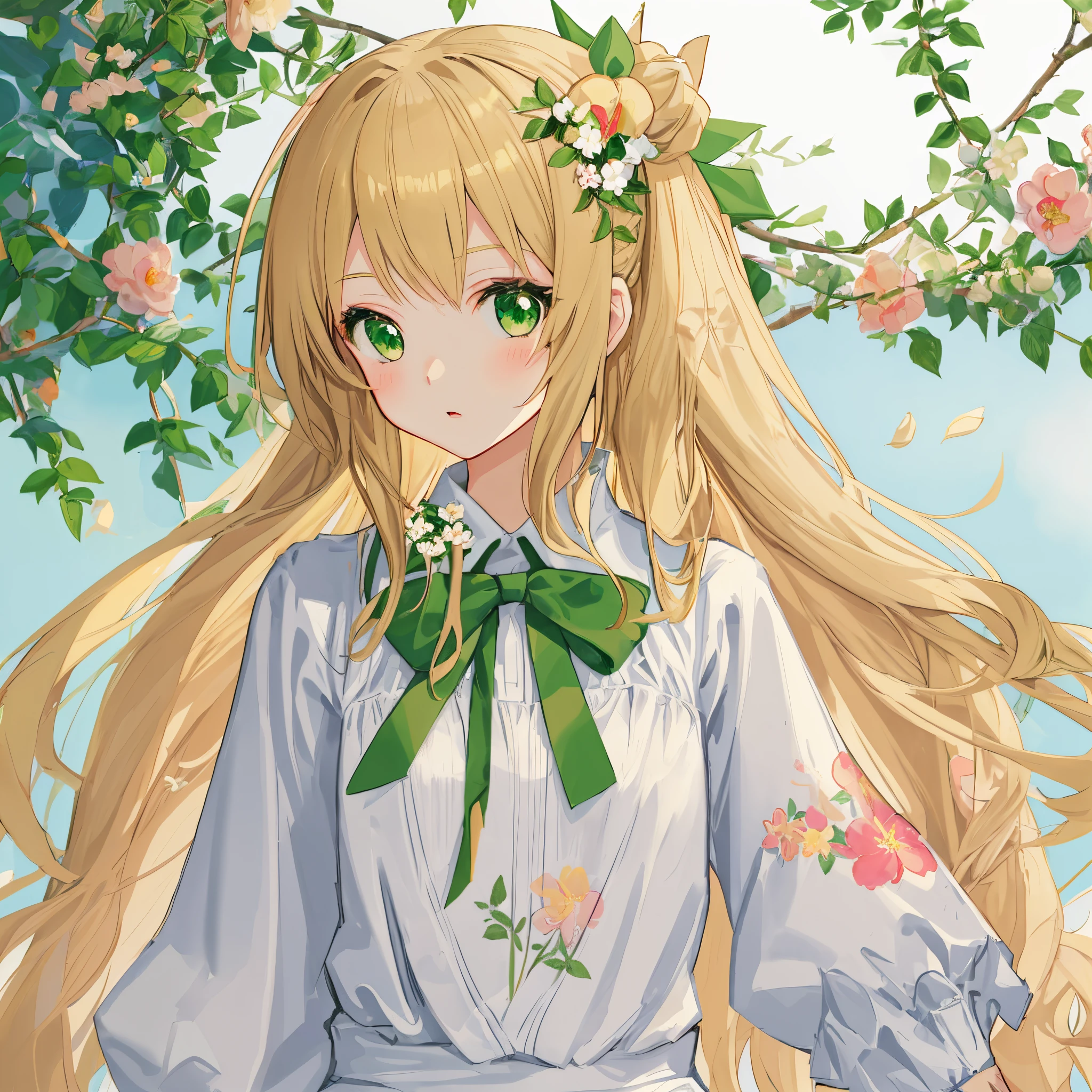 Anime girl with green eyes, blond long hair and a floral ribbon in her hair