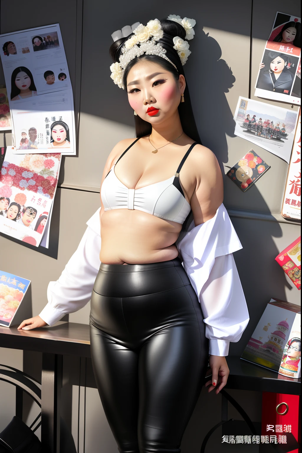 Wear tight leather pants，Asia face，Fair skin，Apply lipstick，arrogant，disgusted expression，Impatient look，a little bit chubby，Muscular，Bigchest，The chest is obvious，Fat on the stomach，with a round face，Fat girl，fatness，Wearing a hairpin on the head