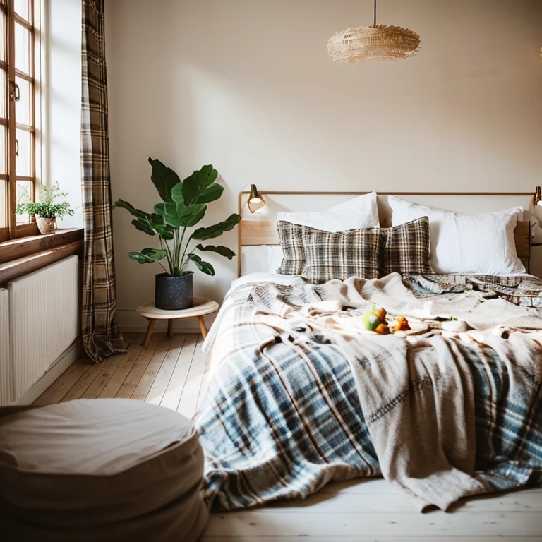 Masterpiece photo, Beautiful cozy bedroom in a modern style, minimalist style, natural colors, luxurious bed linen, plaid, table, garlands, warm light, cozy atmosphere, detailed photo, interior design, 8K