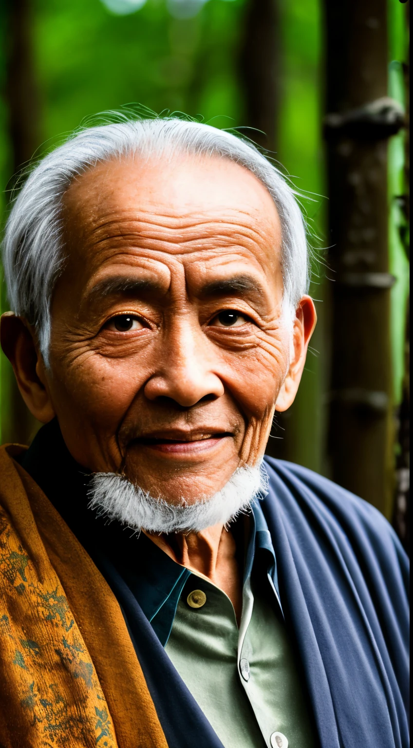 Portrait photography style, world masterpiece, super unique high professional digital art, film format, hyper-realism, color cinematography with ultra-fine details and quality, background is deep in the forest, an old man in rural China, an old man with wisdom. He wears an old cloak and his eyes are kind and shrewd. His body is upright, his skin has been blackened and powerful by the sun and rain, and the wrinkles are fixed on the corners of his mouth and forehead, which makes it seem that his years have precipitated. Although wearing a dark gown, although simple in appearance, it exudes sublime wisdom and a sense of tenacity of strength.