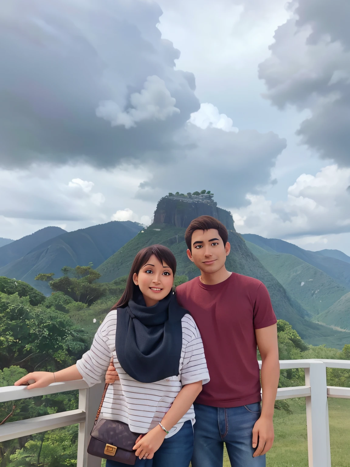 there are two people standing on a balcony overlooking a valley, with mountains in the background