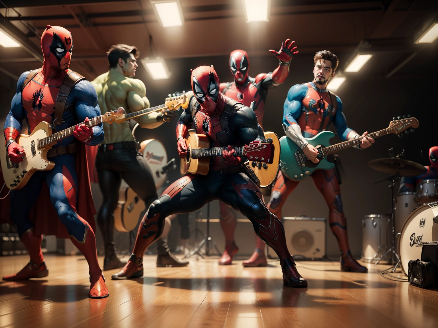 hulk, ironman, spiderman, superman, deadpool, super heroes playing music in action, guitar, drum, with super hero costume, high detailed textures, soft smooth textures, in a color gradient in background, full body, photo realistic, 8k, masterpiece