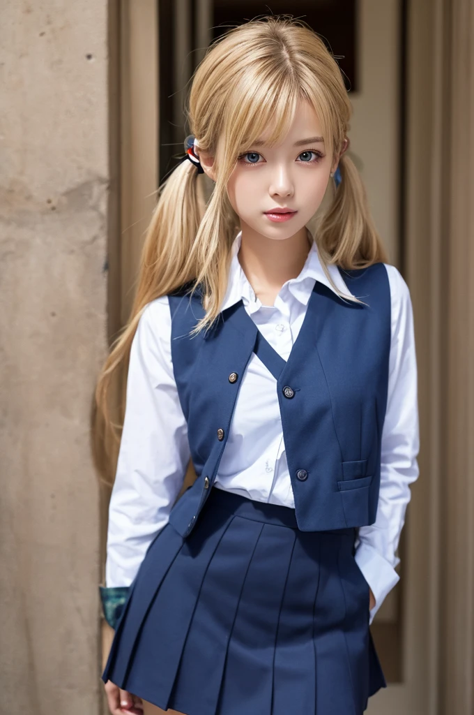 (masterpiece、best quality、extremely detailed 8k、ultra hd、ultra-detailed、highly detailed、highly realistic、photo realistic)、(beautiful realistic face、detailed realistic face)、 1 blonde girl, schoolgirl, long blonde hair, blonde hair with 2 pigtails, red bows in her hair, bangs covering her eyes, bright blue eyes, schoolgirl clothes, white long sleeve shirt with a blue vest. short red skirt, black tights, showing her thighs
