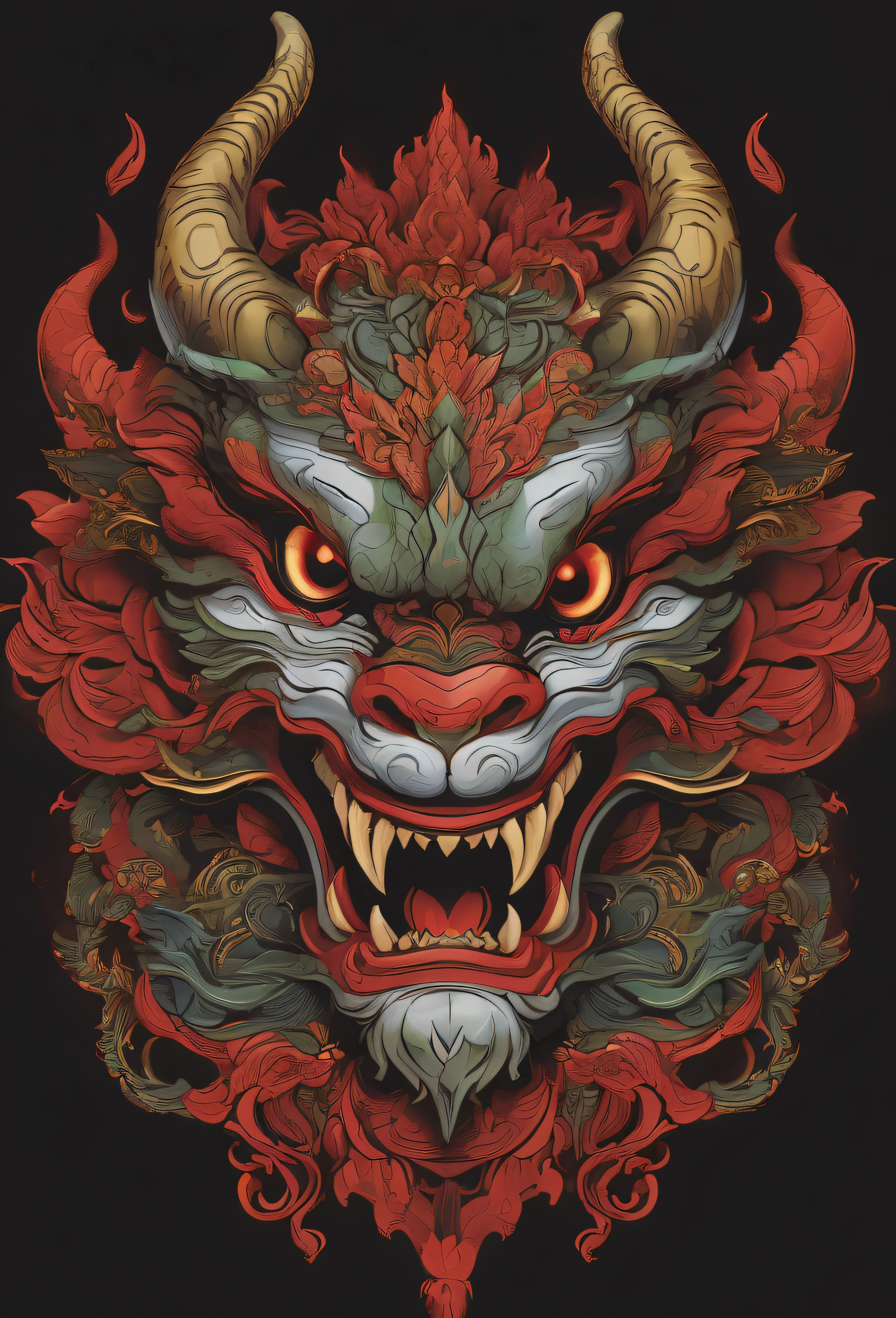 a close-up of a dragon head with a red and green design, arte detalhada assustadora em cores, majestic japanese dragon, dragon face, altamente detalhado e colorido, chinesedragon, dragon's head, colorful illustration for tattoo, Highly detailed illustration.", arte colorida ultra detalhada, Chinese dragon concept art, arte digital altamente detalhada, demon samurai mask, arte vetorial altamente detalhada, oni mask