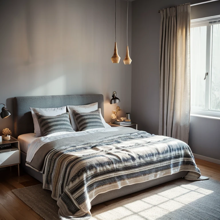 Masterpiece photo, Beautiful cozy bedroom in a modern style, minimalist style, gray colors, luxurious bed linen, plaid, table, garlands, warm light, cozy atmosphere, detailed photo, interior design, 8K