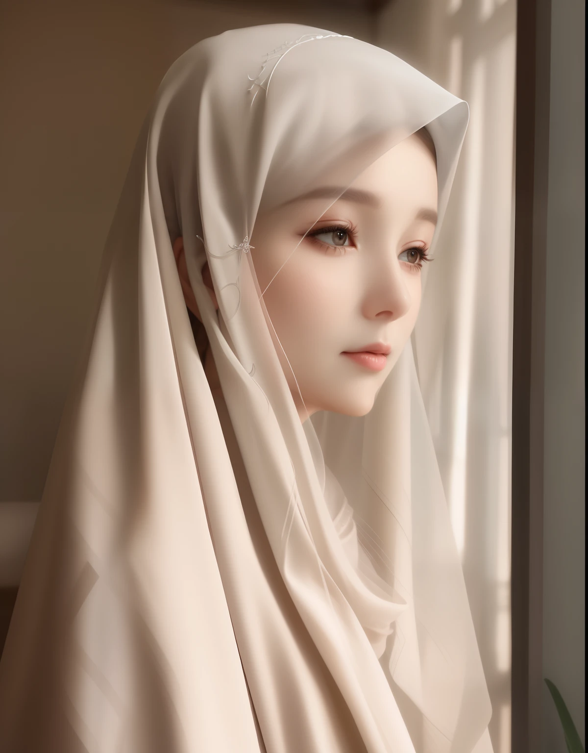 there is a woman wearing a white veil and a white head scarf, soft portrait shot 8 k, artwork in the style of guweiz, beautiful realistic photo, white hijab, beautiful portrait photo, [ realistic photography ], guweiz, very beautiful portrait, beautiful portrait image, milky white skin, ethereal beauty, photorealistic!!!!!!! art style, beautiful delicate face, korean girl