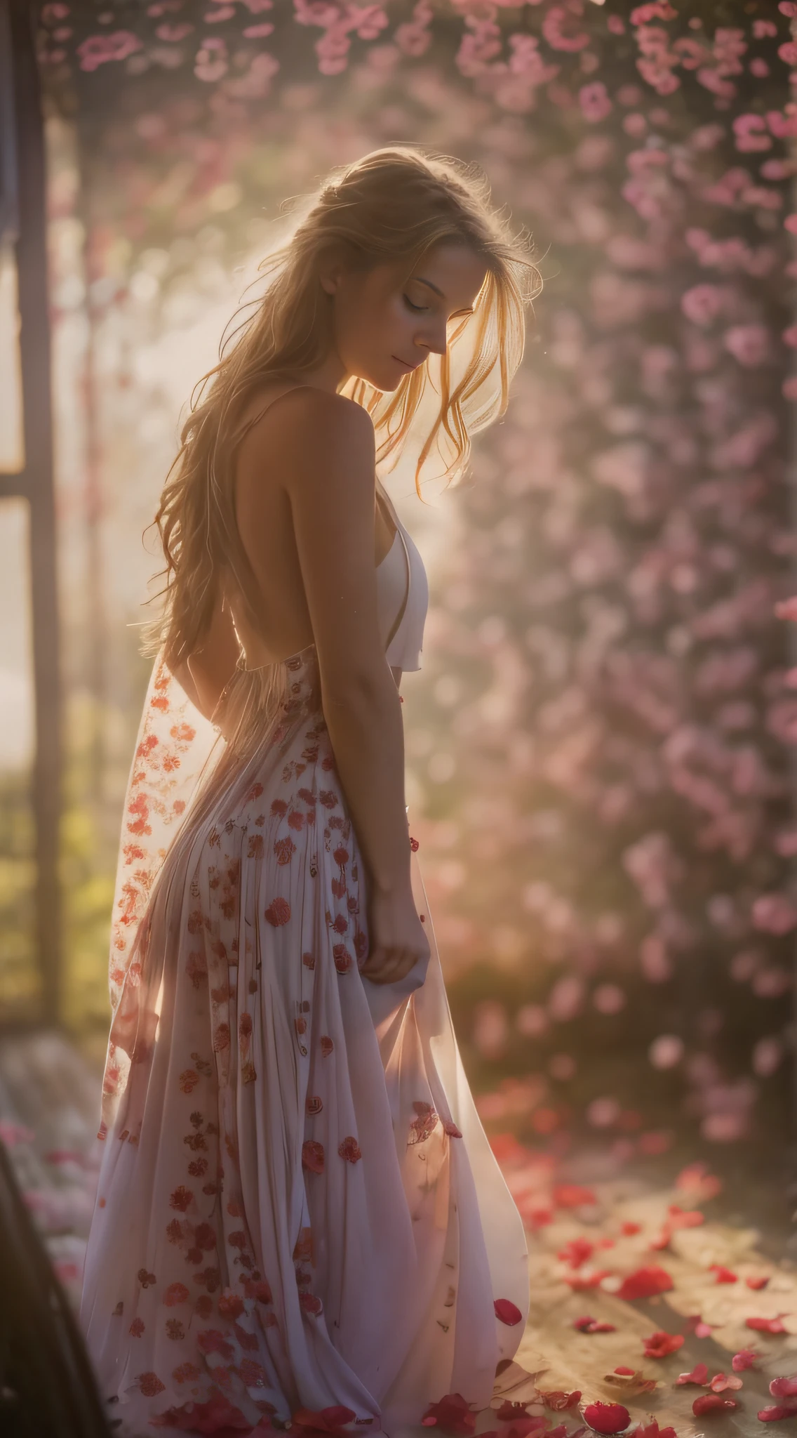 beautiful irish girl, gazing at camera, ballerina, booty peek, sideboob, sweaty skimpy wet disheveled panties, freckly sweaty skin, sweaty long blonde hair, dress peeking, bathing in backlighting, opening buttons, sunrays, petals falling, roses, opening shirt, showing clevage, butt, fog, haze, sweaty, dripping, hot girl, showing clevage, rose petals, beautiful face, sunlit, in attic, covered in flowers and petals, godrays, cozy, wet skin, morning dew, backlighting, hazy, golden hour, morning light, erotic mood, alone, countryside, shy, masterpiece, best quality, ultra-detailed, solo, smoke, shadows, contrast, close-up, cinematic light, side lighting, ultra high resolution, best shadow, RAW, 4k, sexy, cleavage, style of david hamilton,