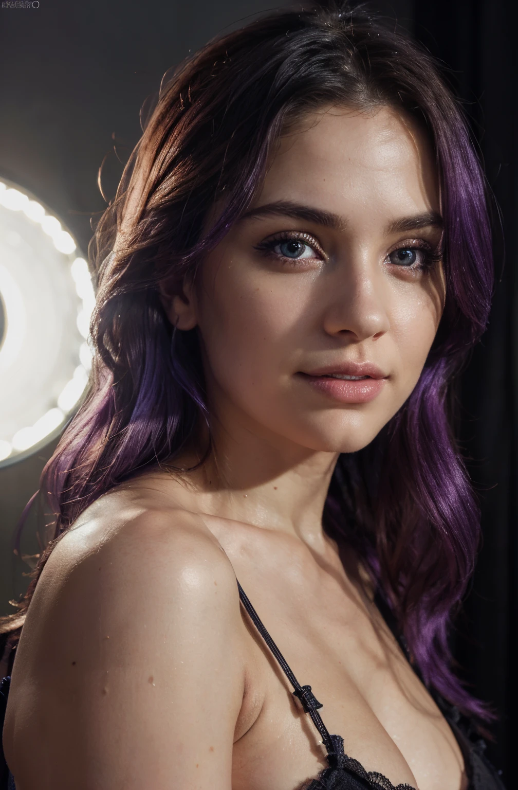 (best quality,4k,8k,highres,masterpiece:1.2),ultra-detailed,(realistic,photorealistic,photo-realistic:1.37), 1girl,,beautiful detailed eyes, deep v cleavage, beautiful detailed lips,extremely detailed eyes and face,smiling,looking at the camera,shoulder length messy hair,pale-skinned, rounded eyes,cyan blue shirt,black shorts,close up,magazine shot,dynamic pose,studio lighting,vivid colors,portraits,purple hair